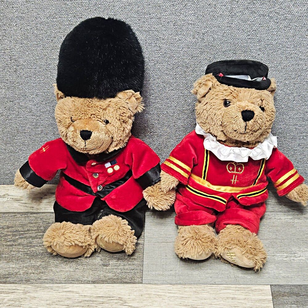 Harrods Guardsman Bear 10" Plush Teddy Bears Lot of 2 Red Uniform w/ Tags
